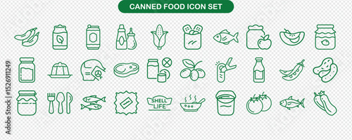Canned Food Green Outline Icon Set on Transparent Background, Preserved Foods and Kitchenware
