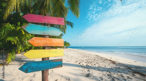 Fototapeta Naklejka Na Ścianę i Meble -  Colorful wooden signpost on tropical beach. Summer vacation concept.