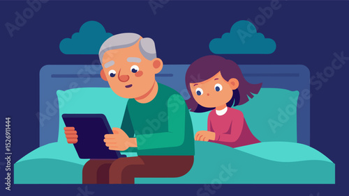 As her grandfather napped a young girl leaned against his bed absorbed in a puzzle game on her tablet but always ready to hold his hand or give him a sip of water when he woke up.. Vector illustration