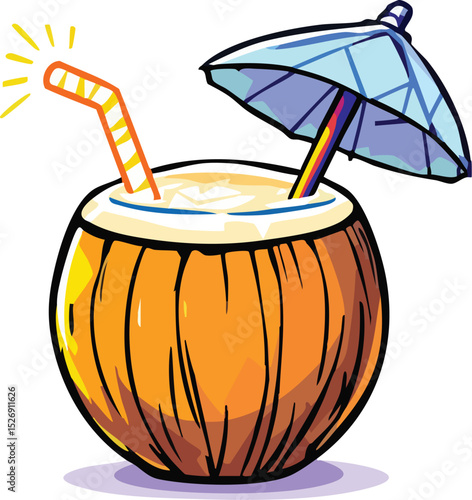 Refreshing coconut cocktail served with umbrella and straw tropical drink illustration.