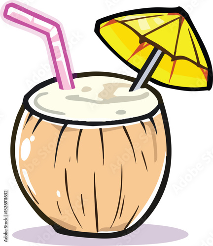 Refreshing coconut cocktail with umbrella and straw for tropical holiday relaxation.