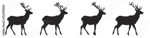 Silhouette illustration of four majestic deer walking or standing with antlers on white background