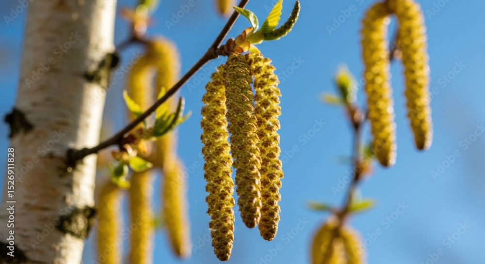 Naklejka premium Birch tree blooming with catkins against a blue sky, symbolizing pollen allergy