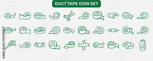 Green Duct Tape Icon Set with Scissors, Dispenser, First Aid on Transparent Background