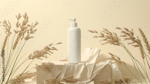 a bottle of lotion sitting on a table with some grass