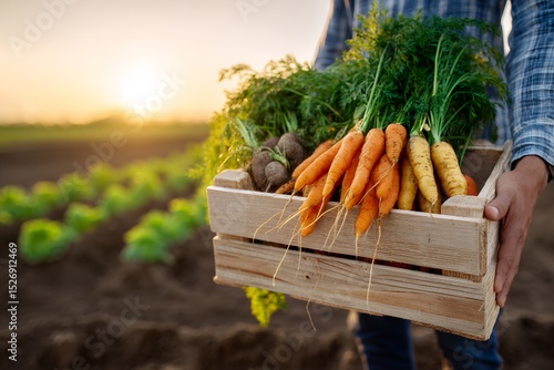 Male adult holding wooden crate of freshly harvested carrots in sunlit field