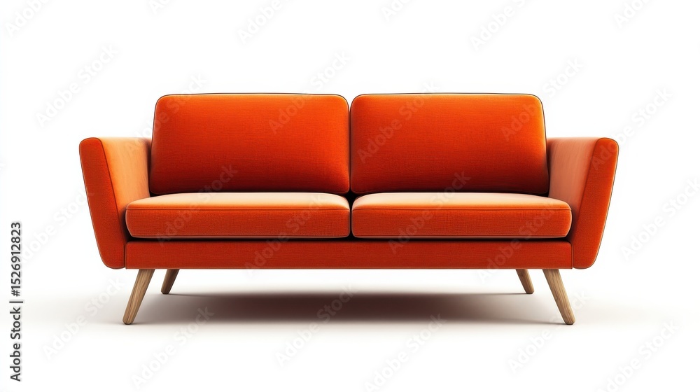 An orange two-seat sofa with wooden legs sits on a white background An orange two-seat sofa with wooden legs sits on a white background