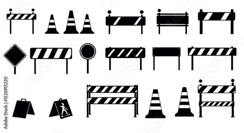 Silhouette traffic signs and barriers set for road safety and construction zones vector illustration
