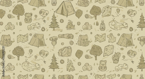 Seamless hand-drawn camping gear pattern with tents and backpacks vector illustration