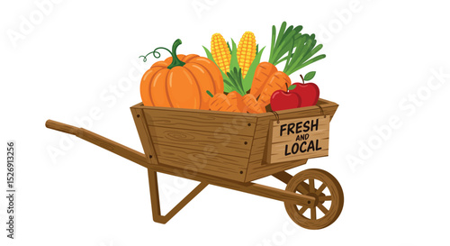 Wooden cart with fresh vegetables and fruits: pumpkin, corn, carrots, apple vector illustration