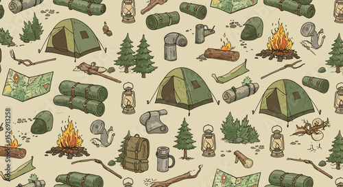 Seamless camping adventure pattern with tents, campfires, and trees vector illustration