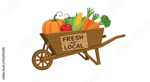 Wooden wheelbarrow filled with fresh vegetables and fruits vector illustration