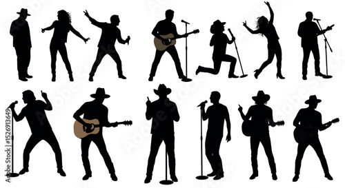 Silhouettes of musicians performing with microphones and guitars vector illustration