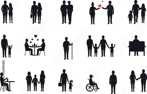 Silhouettes of diverse family scenarios and interactions vector illustration