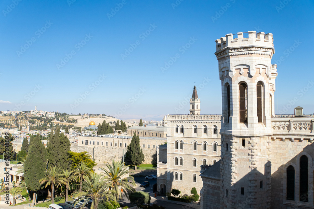 Obraz premium Jerusalem, Israel - June 2, 2025: Pontifical Institute Notre Dame of Jerusalem Center - Vatican owned 19th century guesthouse and pilgrim center