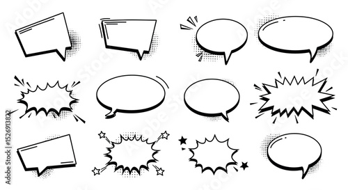 Collection of black and white comic speech and thought bubbles with variety of shapes vector illustration