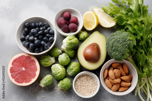 healthy meal spread on clean background featuring colorful fruits and vegetables rich in antioxidants