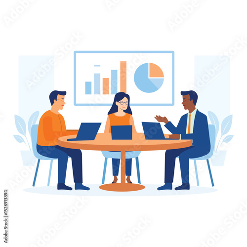 Business Meeting Illustration with Three People Discussing Data and Strategy
