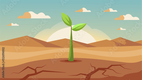 A barren land with a single blade of grass clinging to life serving as a powerful symbol of hope amidst the environmental degradation caused by the climate crisis.. Vector illustration