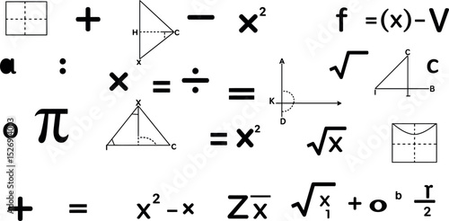 Mathematical symbols and formulas illustration with geometrical shapes and equations vector illustration