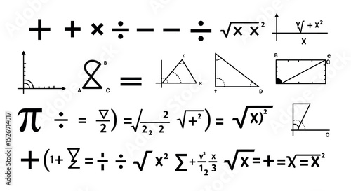 Mathematical symbols and formulas in geometry and algebra vector illustration