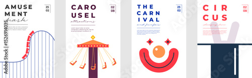 Flat vector poster set of amusement park and funfair themes. Includes circus, rollercoaster, carousel, clown and festive elements. Perfect for kids events, city fairs and carnival invitations.