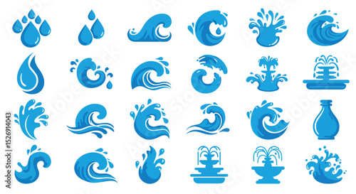 Collection of blue water icons featuring waves, splashes, and fountains vector illustration