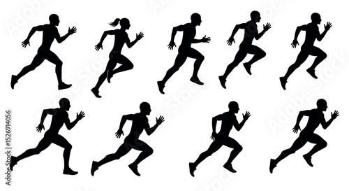 Silhouettes of male and female runners in various poses on white background vector illustration