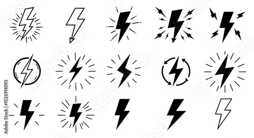 Collection of bold lightning bolt icons and symbols in black and white vector illustration