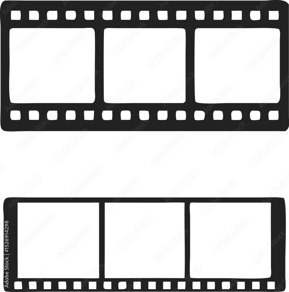 Fototapeta premium Stylized Film Strip Graphic with Three Variations – Blank Frames, Solid Reel, and Classic Perforated Edges on Plain Background, film strip background