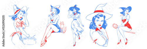 A set of vintage retro pin up style halloween witch. line art illustration style