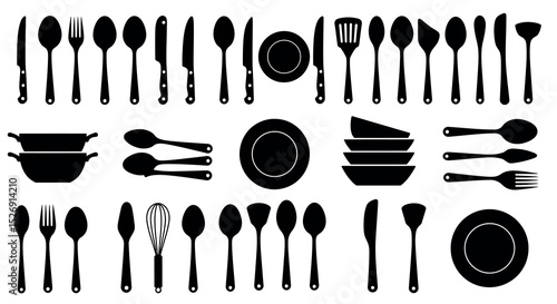 Silhouette of various kitchen utensils and tableware in rows vector illustration