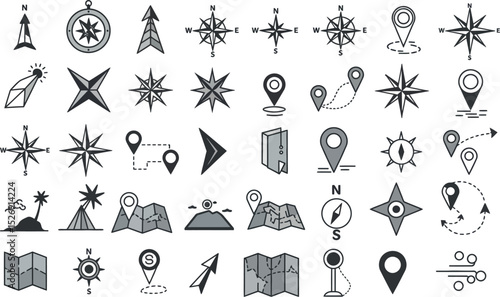 Collection of navigation and direction icons featuring compasses and maps vector illustration