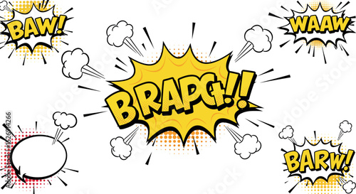 Colorful comic style sound effects pop art with speech bubbles and explosions vector illustration