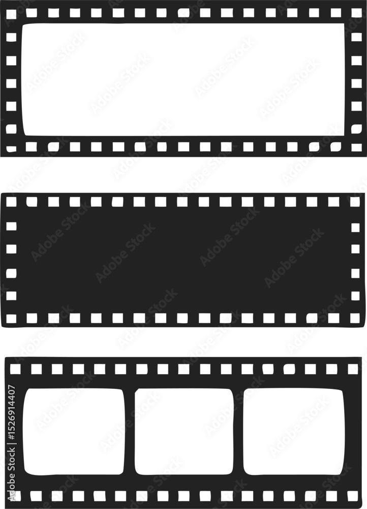 Fototapeta premium Stylized Film Strip Graphic – Three Variations of Classic Movie Reels with Perforated Edges and Rectangular Frames on Plain Background, film strip background