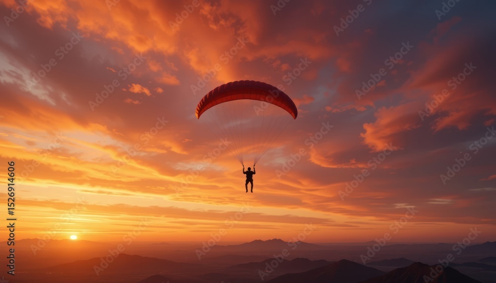A paraglider soars against a vibrant sunset sky filled with orange and red clouds, silhouetted against the fading light. A paraglider soars against a vibrant sunset sky filled with orange and red clouds, silhouetted against the fading light.