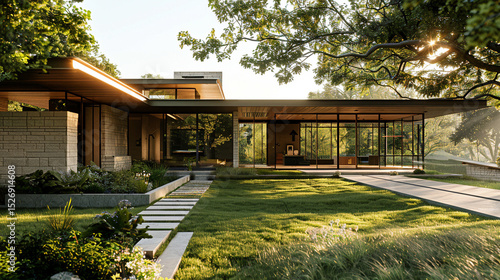 luxury house in green lawn with garden on summer sunny day