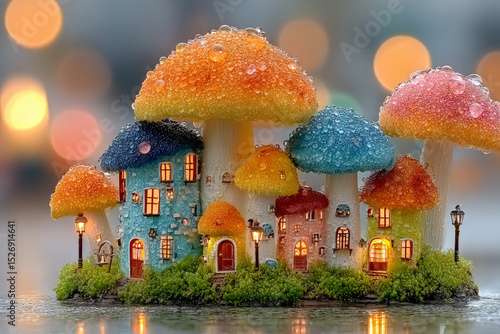 Cute micro mushroom village with tiny pastel houses growing from moss, hyperrealistic textures and soft light on dew-covered scene Generative AI