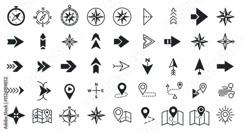 Collection of various direction and navigation arrow icons in black and white style vector illustration