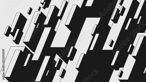 Abstract modern composition in brutalism style, Postmodern geometric ornament with simple shapes in black and white colors, bold aesthetic, monolithic volumetric rectangles levitate in space