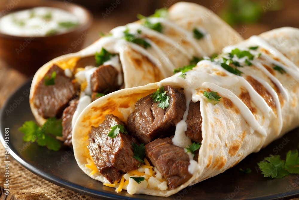 Delicious beef burritos with cheese and cilantro garnish on a plate Delicious beef burritos with cheese and cilantro garnish on a plate