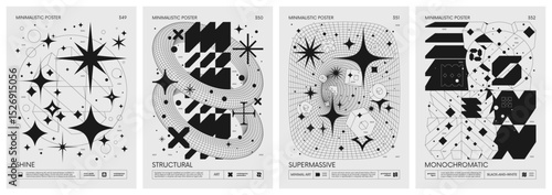Brutalism style vector minimalistic Posters with silhouette postmodern figures, Futuristic abstract graphic wireframe elements of geometric shapes rave composition, Trendy modern print artwork set 88