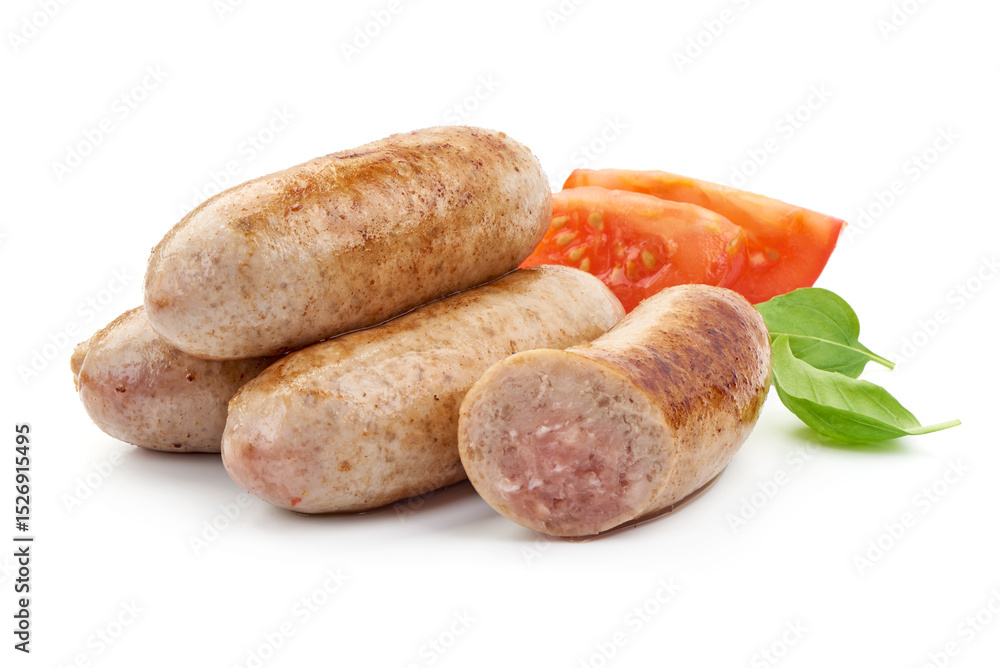 Grilled sausages pile, isolated on white background. Grilled sausages pile, isolated on white background.