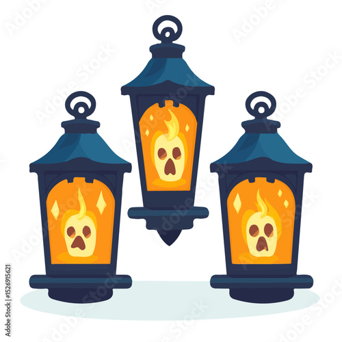 Ghostly Lanterns vector 2D flat illustration, isolated on a white background.