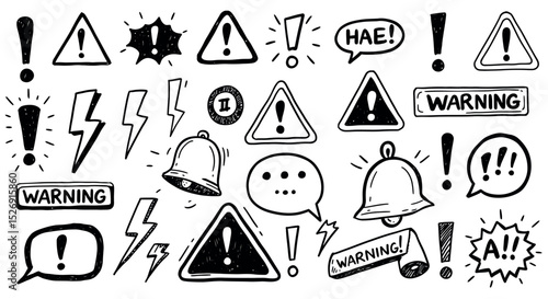 Collection of warning and exclamation doodle icons with bells and speech bubbles vector illustration