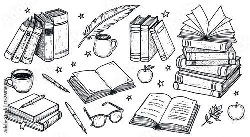 Hand-drawn vintage books and writing tools collection with coffee and apples vector illustration