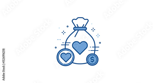 Blue heart money bag with coins and heart symbols on white background vector illustration