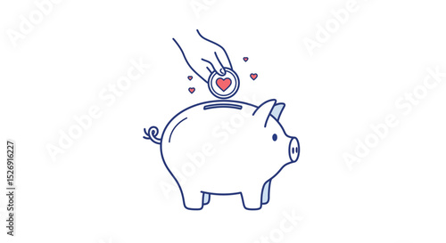 Hand depositing coin with heart into piggy bank - love and savings concept vector illustration
