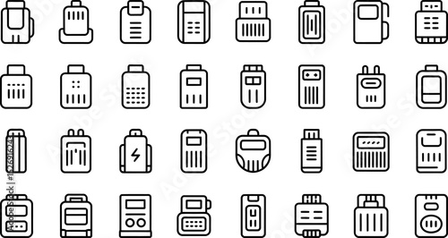 Diverse collection of minimalistic black line art icons representing various battery types and power sources