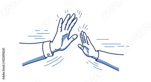 Illustrated high-five gesture between two hands in blue outline vector illustration